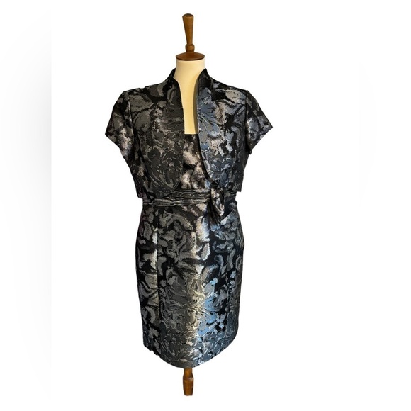 VTG 90s Black Gray Metallic Brocade Floral Sheath Dress Topper Jacket. SZ 14 - Picture 2 of 16